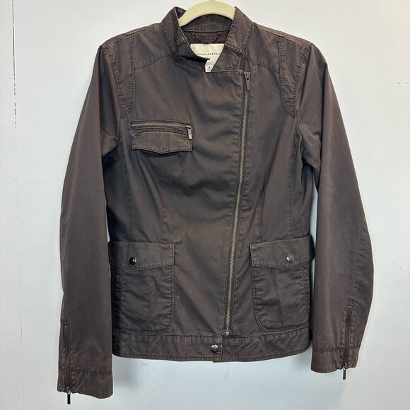 Banana Republic Moto Jacket Brown Cotton Twill Asymmetrical Full Zip Medium - Picture 2 of 11